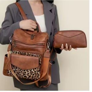 Stylish Brown Retro Leopard Print Women's Backpack with purse